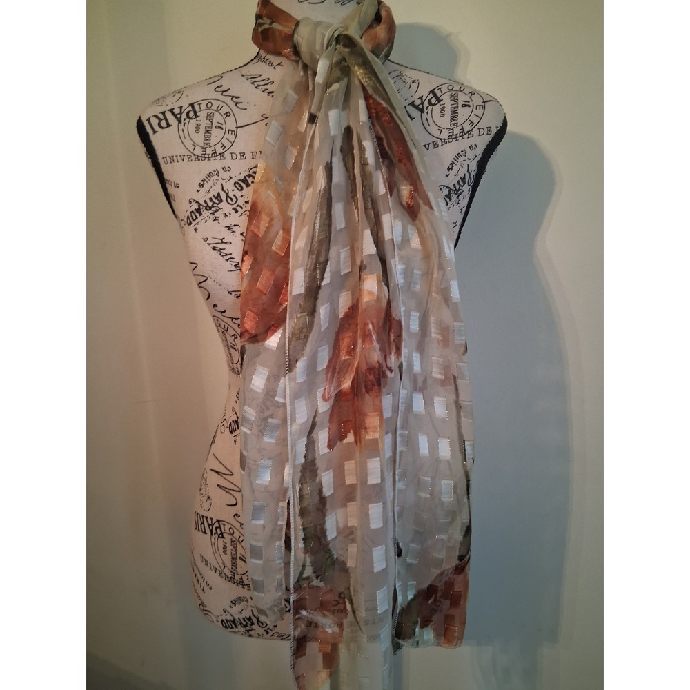 Floral Metallic Checkered Sheer Scarf Gold Rust Copper Lightweight Wrap Long